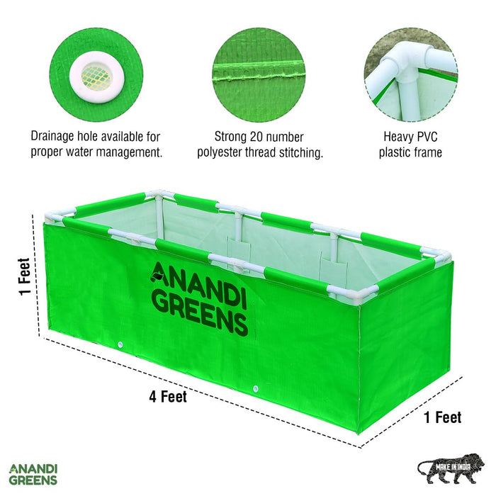 HDPE Rectangular Grow Bag | 4x1x1 ft | 360 GSM with UPVC Support Frame