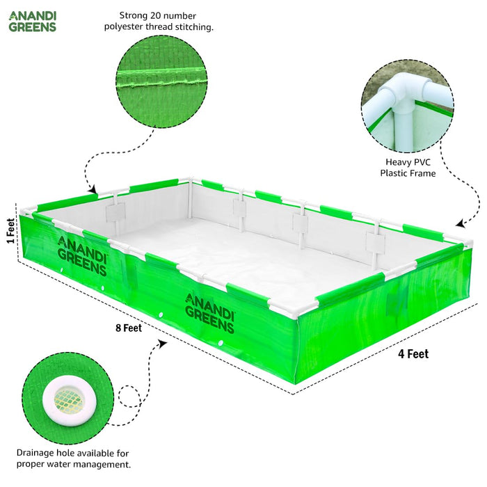 HDPE Rectangular Grow Bag | 8x4x1 Ft | 360 GSM with UPVC Frame