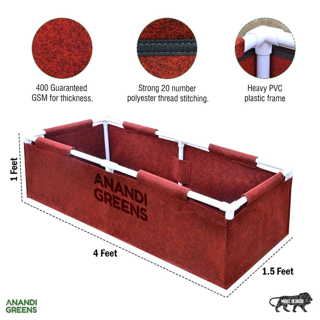 Geo Fabric Rectangular Grow Bag 4x1.5x1ft (400 GSM) with PVC — Anandi ...