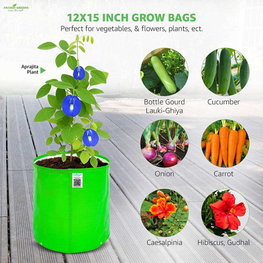 12X15 INCH GROW BAGS
Perfect for vegetables, & flowers, plants, Aprajita Plant, Bottle Gourd, Lauki-Ghiya, Cucumber, Onion, Carrot, Caesalpinia, Hibiscus, Gudhal