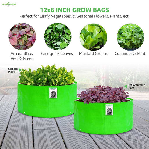 ANANDI GREENS 12x6 INCH GROW BAGS Perfect for Leafy Vegetables, & Seasonal Flowers, Plants, Amaranthus, Red & Green, Fenugreek Leaves, Mustard Greens, Coriander & Mint