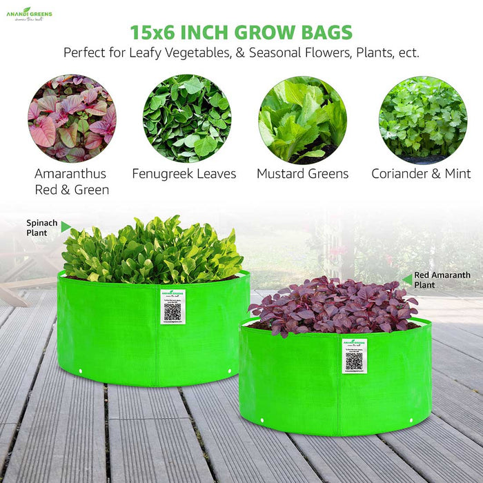 Green grow bags with plants on a wooden surface, featuring Amaranthus, Fenugreek Leaves, Mustard Greens, Coriander & Mint, and Spinach Plant.