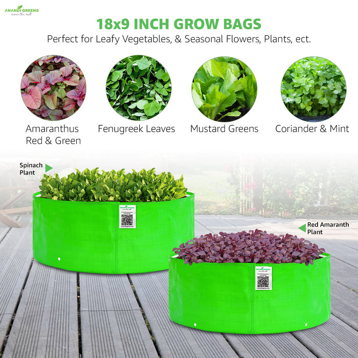 Green grow bags with plants on a wooden surface, featuring text about size and plant types.