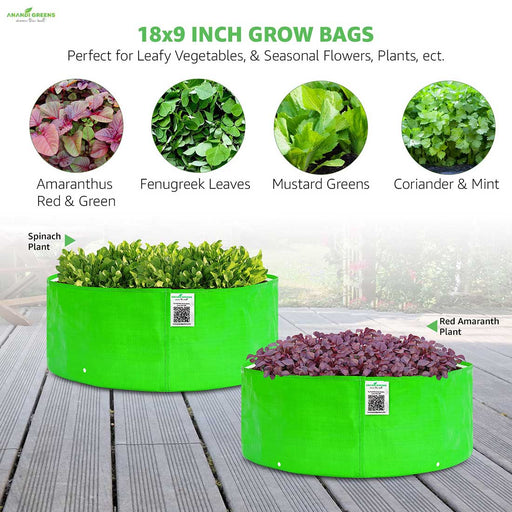 Green grow bags with plants, featuring Amaranthus, Fenugreek Leaves, Mustard Greens, Coriander & Mint, and Spinach Plant.