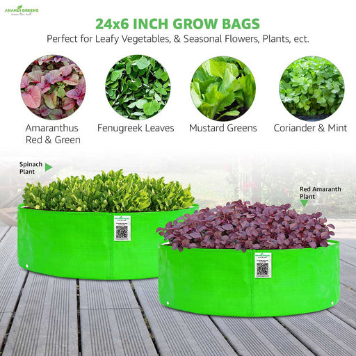Green grow bags with plants on a wooden surface, featuring Amaranthus, Fenugreek Leaves, Mustard Greens, Coriander & Mint, and Spinach Plant.