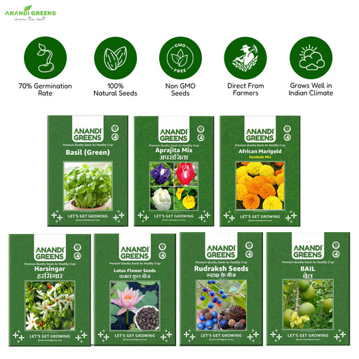 7 in 1 spiritual seeds combo pack Lotus seeds, aprajita seeds,tulsi seeds, Bel patra seeds , रुद्राक्ष seeds , harsinger (Jasmine) seedsfor home पूजा