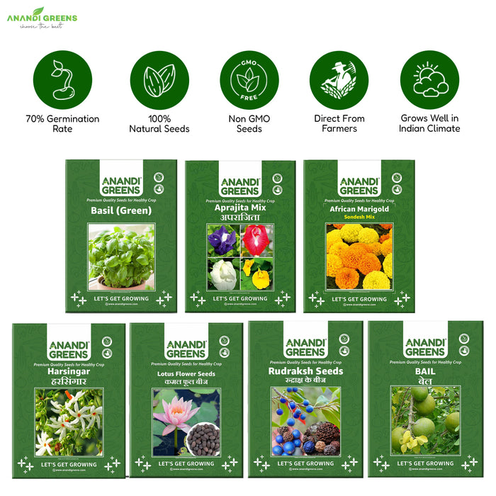 7 in 1 spiritual seeds combo pack Lotus seeds, aprajita seeds,tulsi seeds, Bel patra seeds , रुद्राक्ष seeds , harsinger (Jasmine) seedsfor home पूजा