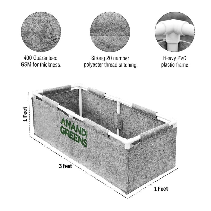 Geo Fabric Rectangular Grow Bag 3x1x1ft (400 GSM) with PVC pipe Support Grey Color