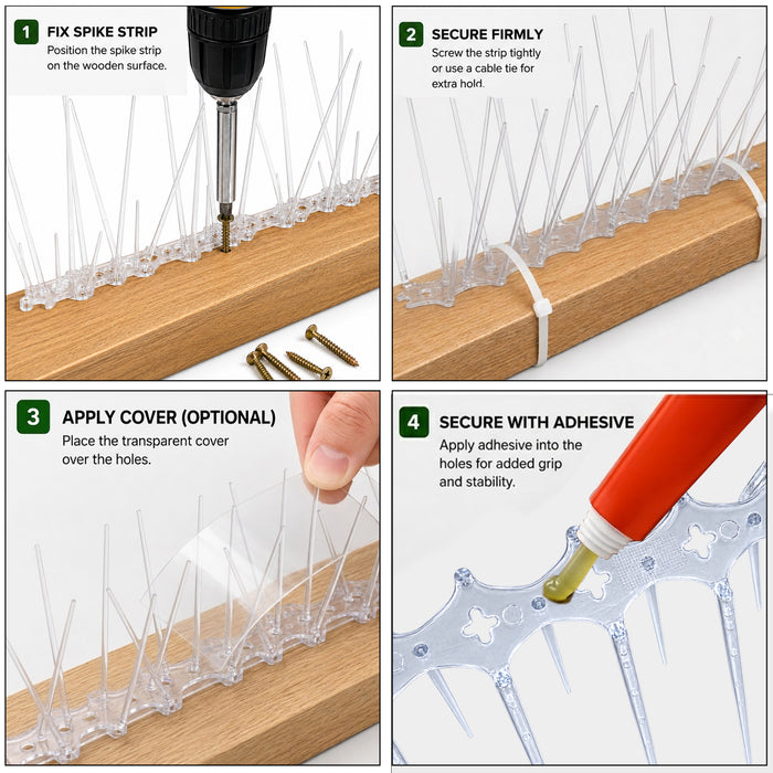 instruction for how to install a transparent anti-slip rug with wooden spikes: fix the spike strip with a drill, secure it with a tie, apply a transparent cover over the holes, and seal it with adhesive.