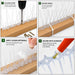 instruction for how to install a transparent anti-slip rug with wooden spikes: fix the spike strip with a drill, secure it with a tie, apply a transparent cover over the holes, and seal it with adhesive.