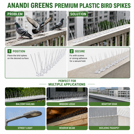 Multiple uses of bird spikes, balcony Railing, window, rooftop, building ledge, AC etc
