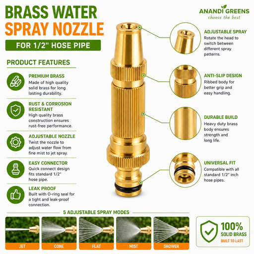 Anandi Greens Brass Water Spray Nozzle for 1/2 inch hose pipe, shown as a brass spray nozzle with feature callouts and text on a white background.