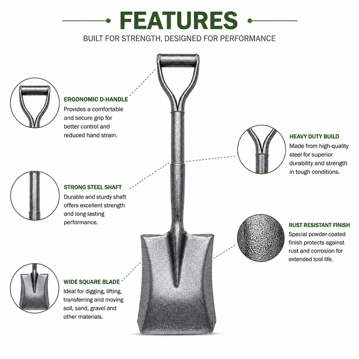 Garden Shovel for Digging Planting & Soil Preparation (Round Head)
