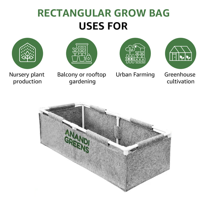 Geo Fabric Rectangular Grow Bag 3x1x1ft (400 GSM) with PVC pipe Support Grey Color