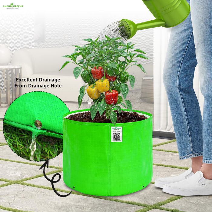 Person watering a plant in a green fabric pot with a close-up of the drainage hole.
