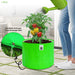 Person watering a plant in a green fabric pot with a close-up of the drainage hole.
