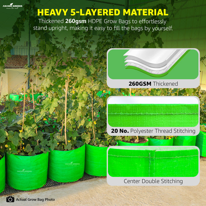 Green grow bags with text highlighting material thickness and stitching details, set against a natural background.