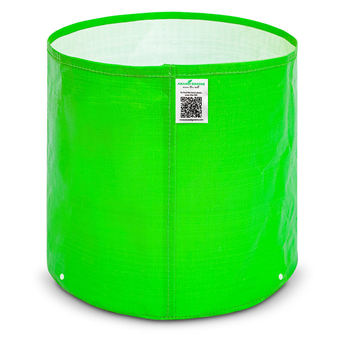 Green fabric grow bag with a QR code label on a white background