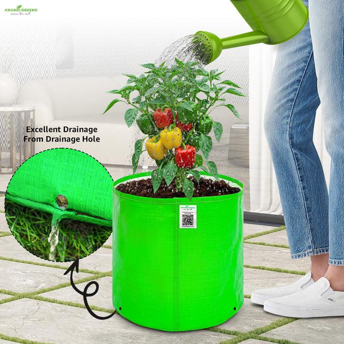Person watering a plant in a green fabric pot with a close-up of the drainage hole.