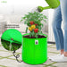 Person watering a plant in a green fabric pot with a close-up of the drainage hole.