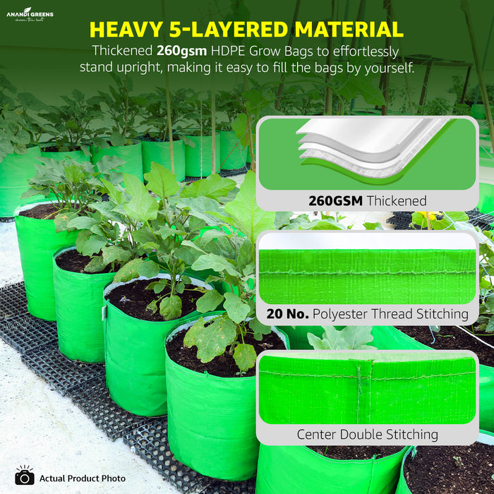 Green grow bags with plants and text highlighting material properties, used for gardening.
