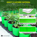 Green grow bags with plants and text highlighting material properties, used for gardening.