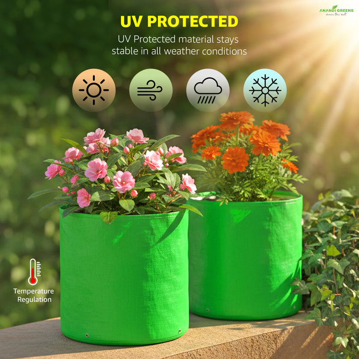 Two green UV-protected planters with flowers on a blurred natural background