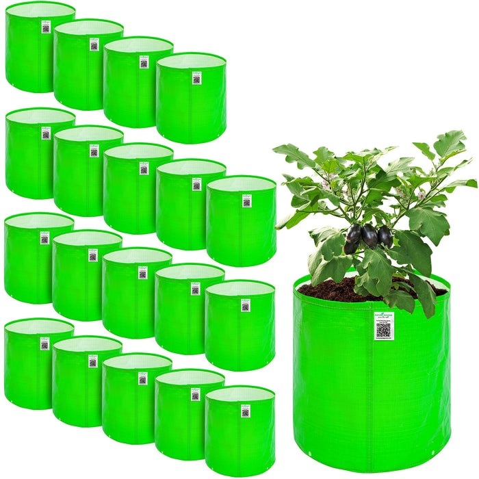 Set of green fabric pots with a plant inside on a white background