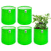 Four green fabric planters with a plant in one of them on a white background
