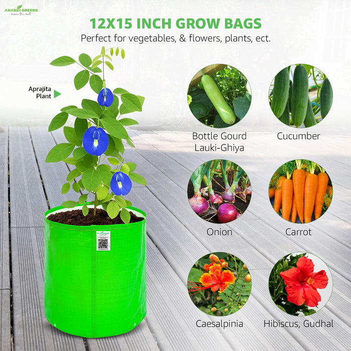 Green grow bag with plants and vegetables on a wooden surface