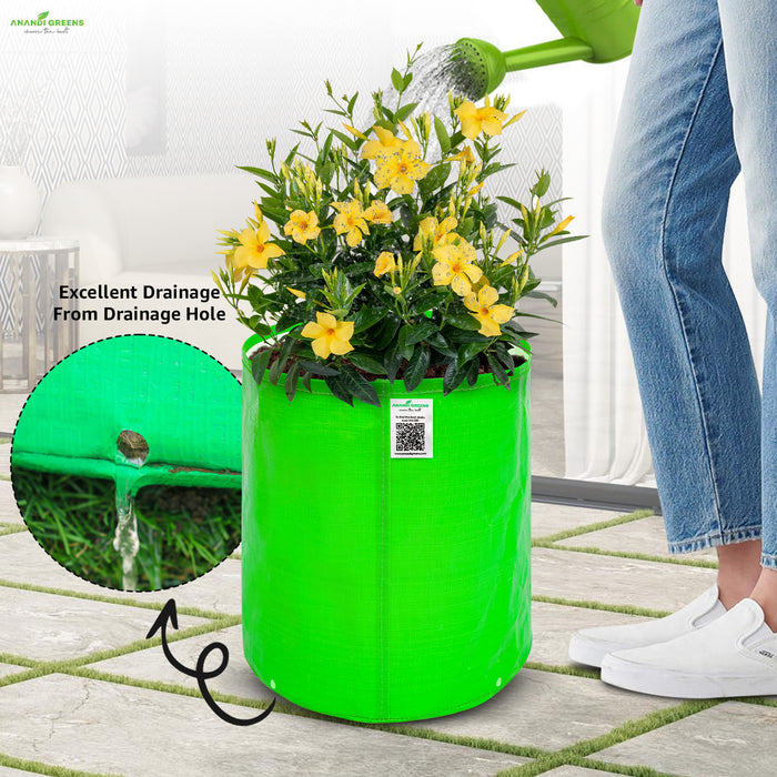 Green inflatable pot with yellow flowers being watered, highlighting excellent drainage.
