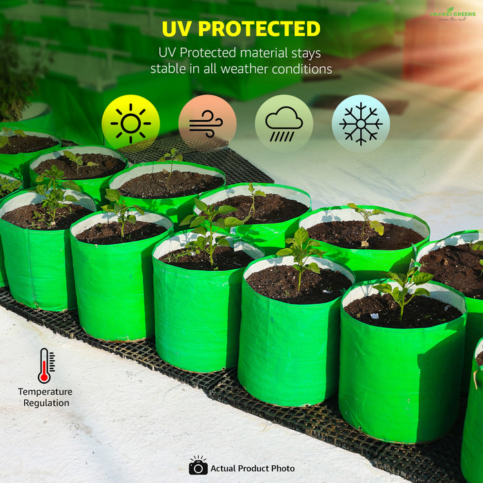 Green UV-protected fabric pots with plants on a black tray, emphasizing weather stability and temperature regulation.