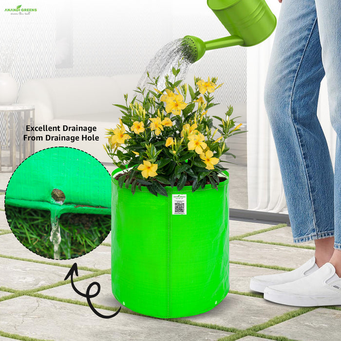 Person-watering-a-potted-plant-with-excellent-drainage-from-green-pot.