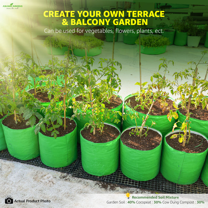 Terrace and balcony garden setup with green pots and plants, promoting self-gardening.