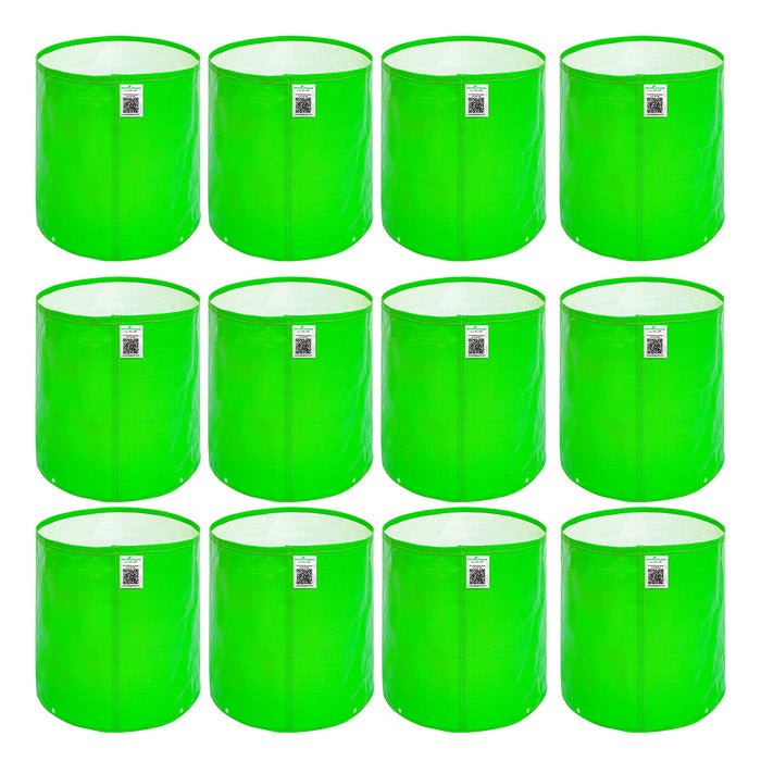 Twelve green cylindrical plastic containers with labels on a white background
