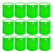Twelve green cylindrical plastic containers with labels on a white background