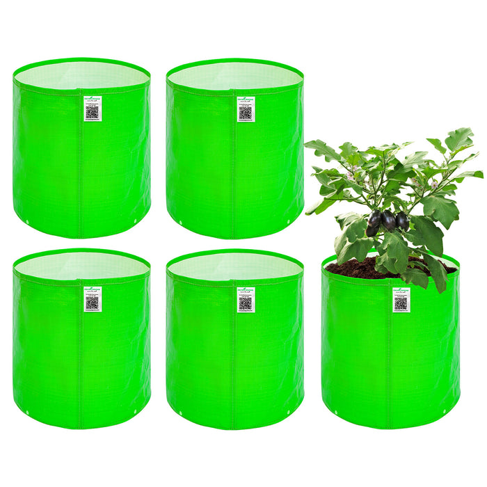 Four green fabric pots with a plant on a white background