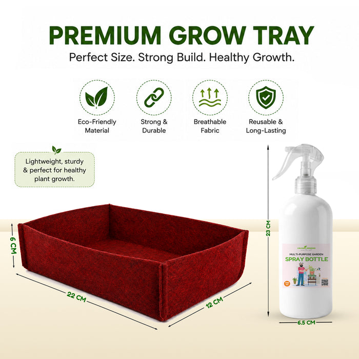 A red fabric grow tray shown with a white spray bottle on a light beige background. The image includes text reading 'PREMIUM GROW TRAY' and dimension labels for the tray, plus feature icons for eco-friendly material, strong durability, breathable fabric, and reusable quality.