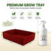 A red fabric grow tray shown with a white spray bottle on a light beige background. The image includes text reading 'PREMIUM GROW TRAY' and dimension labels for the tray, plus feature icons for eco-friendly material, strong durability, breathable fabric, and reusable quality.