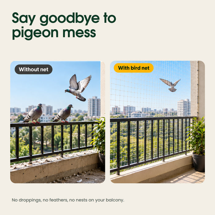 Multi-Purpose Pigeon Bird Protection Net labeled 'Without net' and 'With bird net'. The left photo shows pigeons on and flying over a black metal balcony railing,
