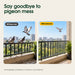 Multi-Purpose Pigeon Bird Protection Net labeled 'Without net' and 'With bird net'. The left photo shows pigeons on and flying over a black metal balcony railing,