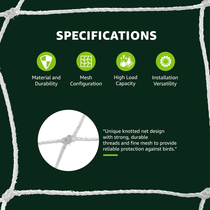 Specification infographic for a bird net, featuring four green icons with text labels: Material and Durability, Mesh Configuration, High Load Capacity, and Installation Versatility.