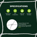 Specification infographic for a bird net, featuring four green icons with text labels: Material and Durability, Mesh Configuration, High Load Capacity, and Installation Versatility.