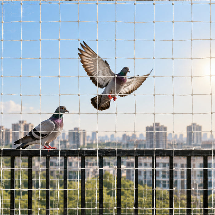 Multi-Purpose Pigeon Bird Protection Net A white bird safety net installed on a balcony, with two pigeons visible behind the mesh grid.
