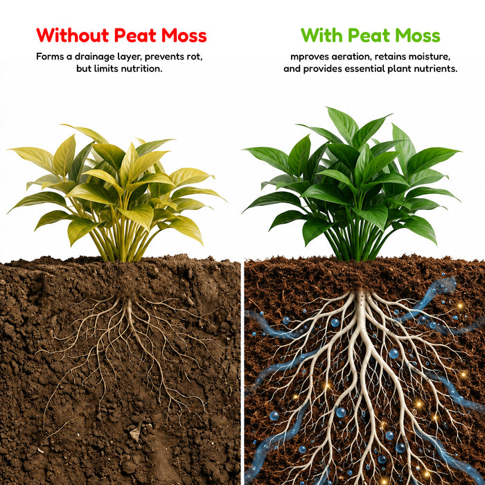 A split comparison graphic showing a potted plant above soil, labeled 'Without Peat Moss' on the left and 'With Peat Moss' on the right. The left side shows yellowing leaves and root issues in dark soil, while the right side shows healthier green leaves and improved root health with blue water and nutrient graphics.