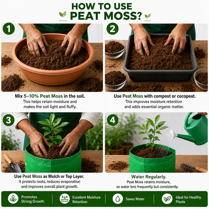 An infographic titled 'HOW TO USE PEAT MOSS?' with four numbered panels showing step-by-step gardening instructions: mixing peat moss in soil, using it with compost or cocopeat, using it as mulch or top layer around a plant, and watering regularly. The image includes text benefits at the bottom and a green peat moss bag containing a small plant in the fourth panel.
