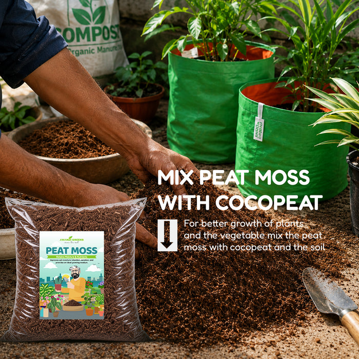  mixing peat moss with cocopeat for better plant growth and soil on a sandy surface, with green fabric grow bags and potted plants in the background. Text on the image reads 'MIX PEAT MOSS WITH COCOPEAT'.
