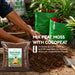 mixing peat moss with cocopeat for better plant growth and soil on a sandy surface, with green fabric grow bags and potted plants in the background. Text on the image reads 'MIX PEAT MOSS WITH COCOPEAT'.