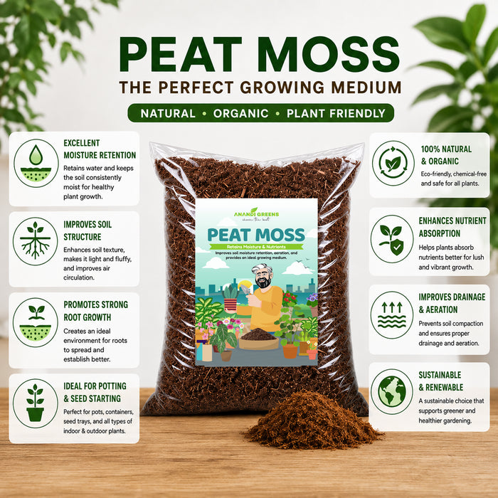 A bag of anandi greens Peat Moss growing medium displayed on a wooden surface with multiple informational benefits such as excellent moisture retention, improved soil structure, strong root growth, drainage, and sustainability.