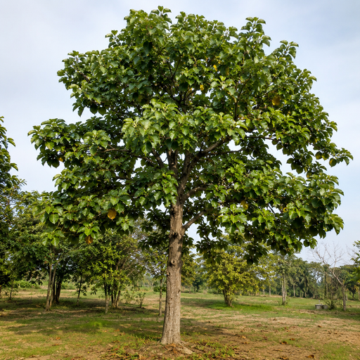 A tall, leafy green tree with a brown trunk standing in an open grassy field under a pale blue sky.